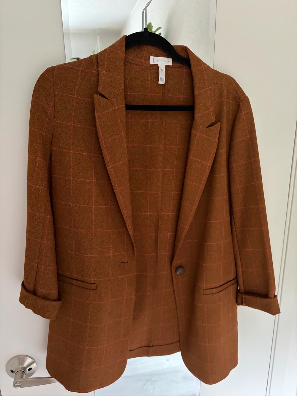 Leith Rust Brown Blazer with Pink Windowpane